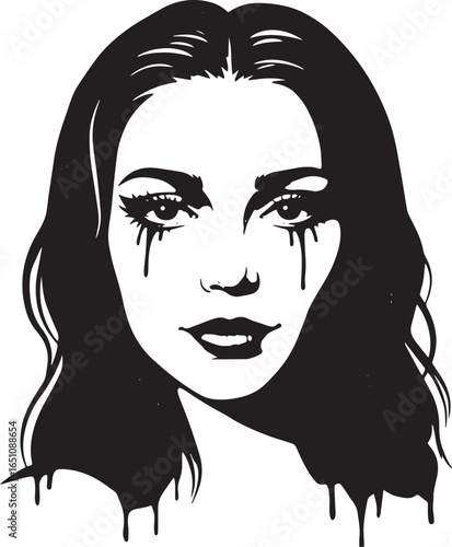 Monochrome portrait of a woman with stylized makeup and dripping