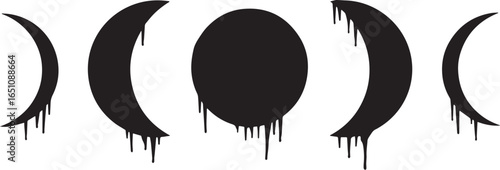 Stylized moon phase icons with melting effect in bold black on w