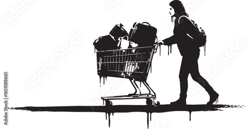 Monochrome vector illustration depicting a woman pushing a shopp