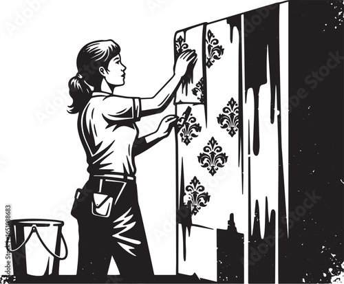 Vintage illustration of a woman skillfully applying ornate patte