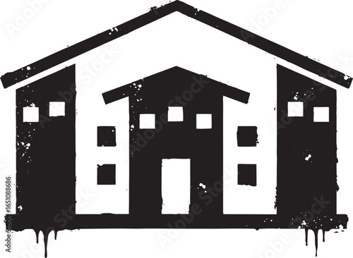 Abstract stencil of military barracks against a stark white back