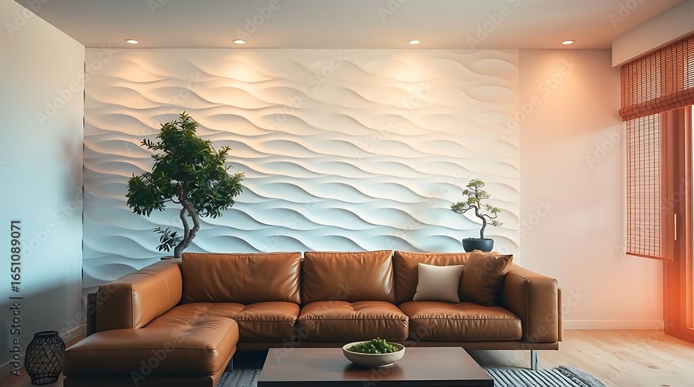 Obraz premium Brown Leather Sectional Sofa in Modern Living Room with Textured Wall Panels, Bonsai Trees, and Warm Lighting. 