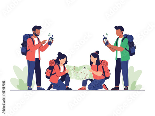 Adventure Awaits: A diverse group of hikers collaborates, using a map and communication devices, preparing for an outdoor exploration.
