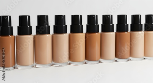 Minimalist Foundation Bottles in Various Skin Tone Shades on White Surface