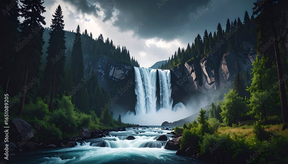 Fototapeta premium Majestic Waterfall Cascading Through Mountainous Forest.
