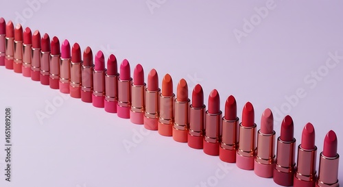 Row of Colorful Lipsticks Arranged in Gradient Order on Soft Pink Background