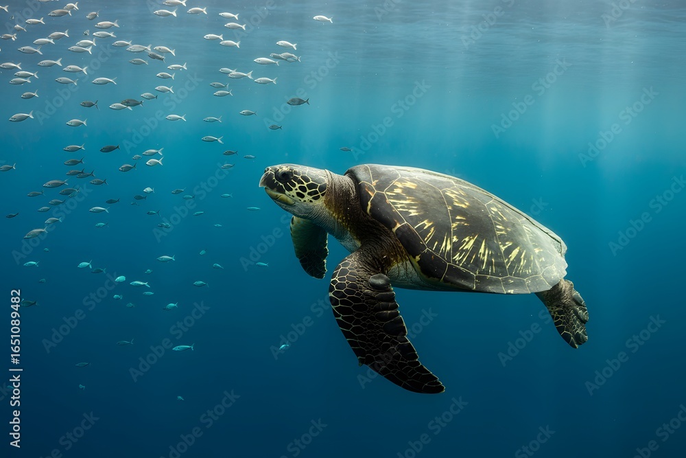 Fototapeta premium Sea turtle swimming gracefully through clear blue ocean water with small fish