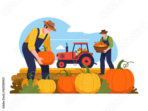 Harvest Time: Animated image depicts two farmers working on the farmland and red tractor amid ripe pumpkins in the fields. A seasonal scene filled with agricultural joy and bounty.