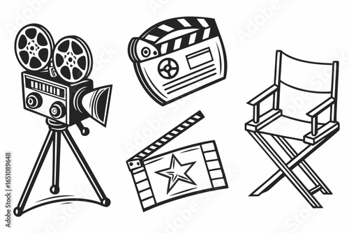 Vintage film production equipment including camera, clapboard, and director chair