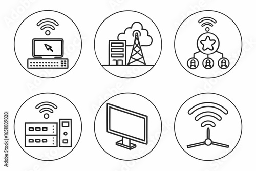 Collection of network and computer icons isolated on white background