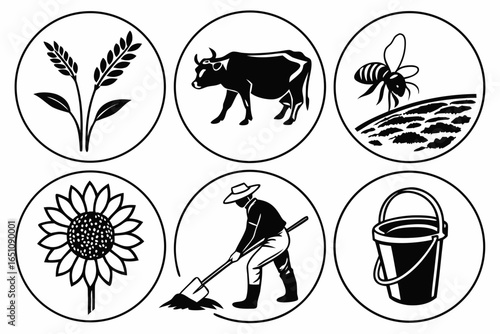 Set of six circular icons representing agriculture and farming concepts