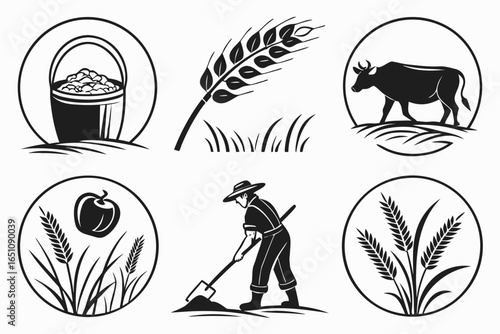 Set of farm and agriculture icons with wheat, cow, apple, farmer, and bucket