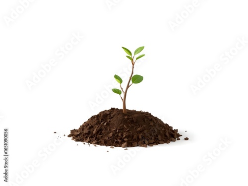Young Green Sprout Growing in a Pile of Rich Soil, Symbolizing Growth, New Life, and Environmental Sustainability on White Background