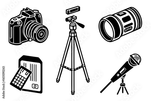 Collection of photography and videography equipment isolated on white background