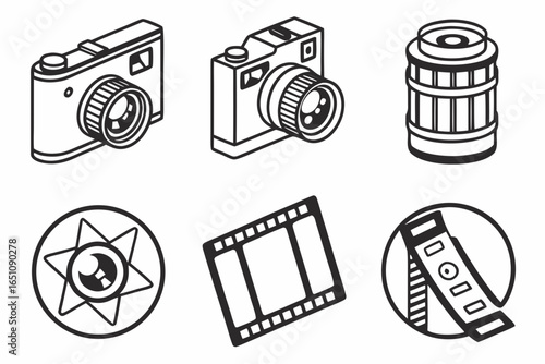 Collection of vintage cameras, film reel, and photography icons isolated on white background