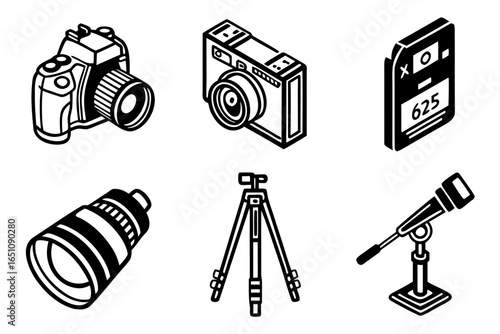 Collection of photography equipment including cameras, lens, and tripod isolated on white background