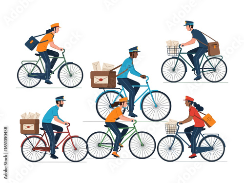 Mail Deliveries by Bike: A vibrant, artistic depiction of postal workers delivering mail using bicycles, a symbol of eco-friendly and efficient service, against a clean background.