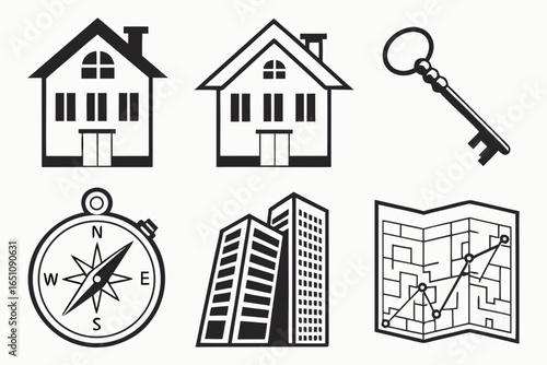 Collection of real estate and navigation icons isolated on white background