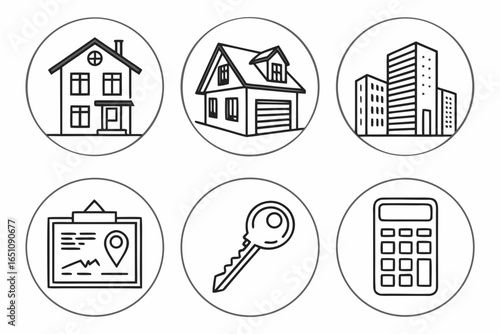 Real estate icons house, building, key, calculator, document, chart isolated on white background