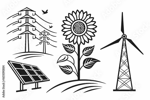 Renewable energy sources solar panel, wind turbine, and sunflower illustration