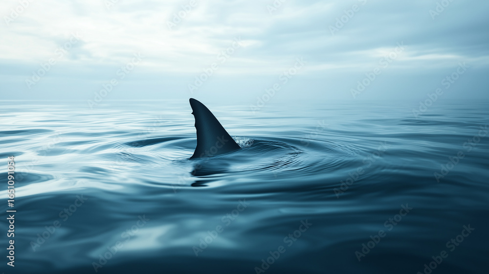 Fototapeta premium Shark fin emerging above the water's surface.