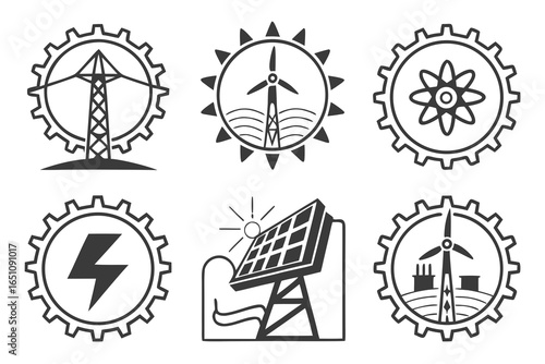 Set of icons representing renewable energy sources and electricity