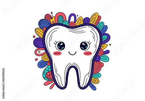 cheerful illustration of a smiling tooth character surrounded by colorful patterns representing dental health and fun