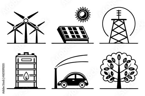 Set of icons representing renewable energy sources and technologies isolated on white background