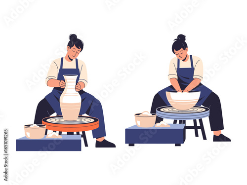 Artisan's Hands on Wheel: An artisan, deeply engrossed in the pottery process, skillfully shapes and molds clay on a spinning wheel, illustrating the artistry of craftsmanship.