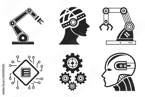 Collection of robotic and artificial intelligence icons isolated on white background