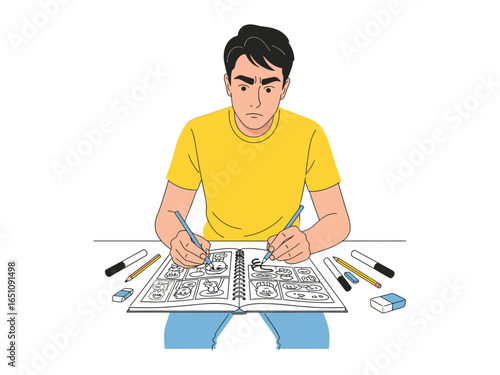Artistic Creation: A focused individual engrossed in the process of crafting a comic book page, highlighting the dedication and passion involved in the creative process.