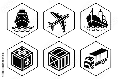 Set of icons representing different modes of transportation and logistics