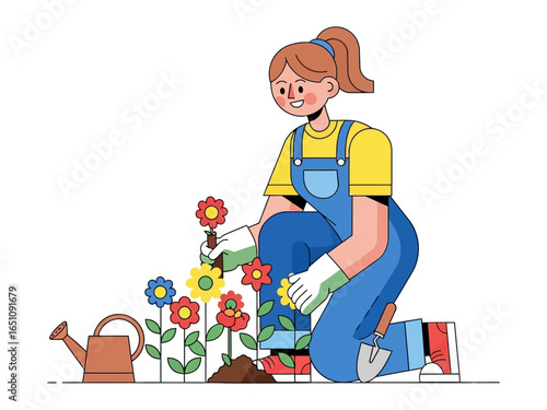 Blooming Bliss: A radiant gardener, immersed in the joy of nurturing life, cultivates a vibrant flower bed, a symphony of color and growth.