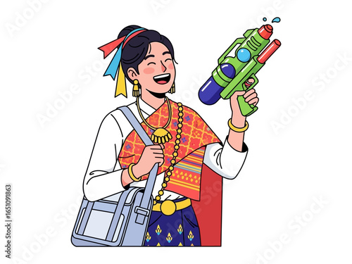 Joyful Water Festival: A woman gleefully revels in the festive water play. She holds a vibrant water gun, symbolizing the water festival. with joyful expression