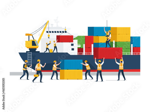 Global Shipping Operations: An illustration showcases the meticulous process of loading cargo containers onto a massive cargo ship.