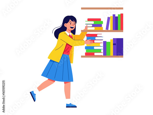 Curating Literary Gems: A youthful reader meticulously organizes a vibrant assortment of books, ensuring each novel finds its perfect spot on a shelf.