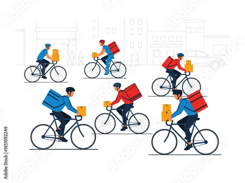 Bicycle Courier Delivery: A dynamic illustration captures a fleet of bicycle couriers navigating a cityscape, delivering packages, symbolizing urban logistics and fast service.