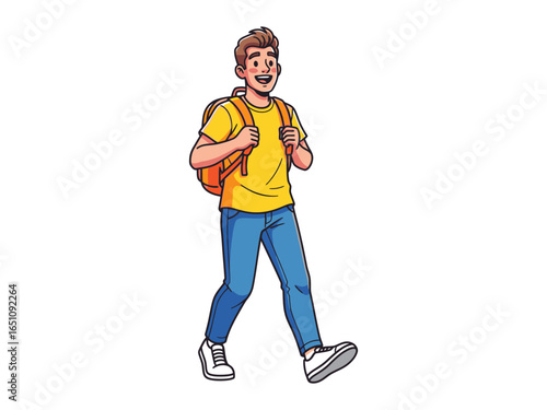 Backpack Explorer: A young, enthusiastic individual strides confidently forward, a vibrant backpack slung over their shoulders, embodying a spirit of adventure and anticipation.