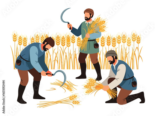 Harvesting Wheat: Depicts a harmonious scene of farmers diligently reaping wheat in a sun-drenched field, symbolizing rural traditions and the beauty of agrarian life.
