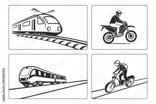 Set of four illustrations depicting different modes of transport