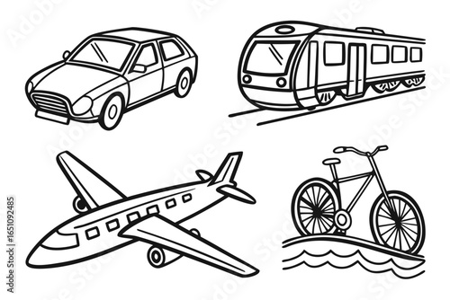 Collection of transportation vehicles including car, train, airplane, and bicycle