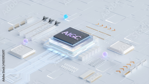 3D Rendering of AIGC Chip on Futuristic Circuit Board for AI Technology and Digital Innovation Scenarios
