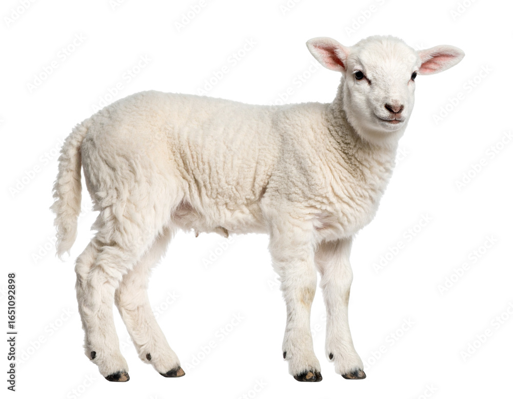 Fototapeta premium Fluffy White Lamb, Side Profile, Isolated on Transparent Background