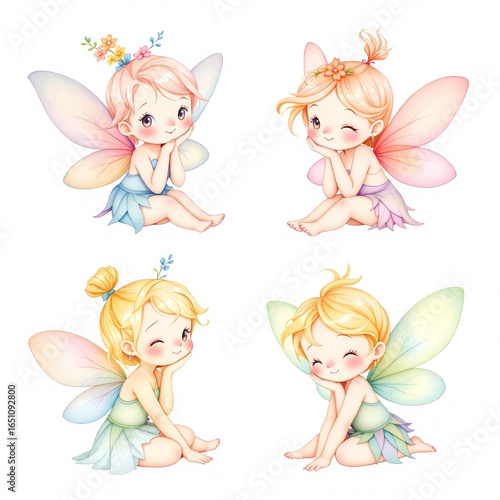 Vector set of little fairies in colorful dress with watercolor wings