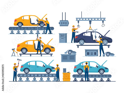 Automotive Assembly: A vibrant illustration of the automotive industry unveils a meticulous assembly line, showcasing the craftsmanship and precision involved in the car-making process.