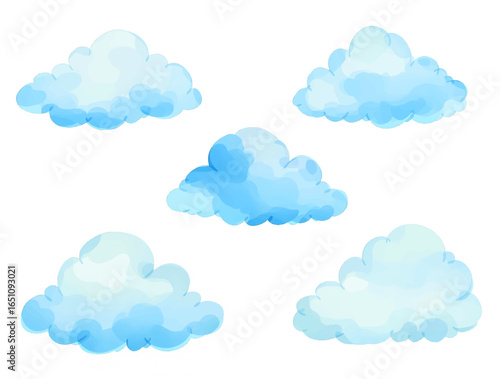Set of pastel blue cartoon clouds isolated on white background. Hand drawn watercolor illustration.