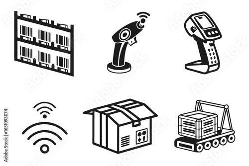 Set of icons representing barcode scanning and logistics technology