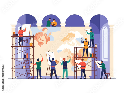 Artisan Painters: A team of skilled artisans, meticulously and collaboratively engaged in the creation of a vibrant mural within a grand structure, showcasing creativity and craftsmanship.