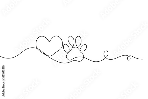 Minimalist heart with paw inside single line drawing outline isolated vector illustration design
