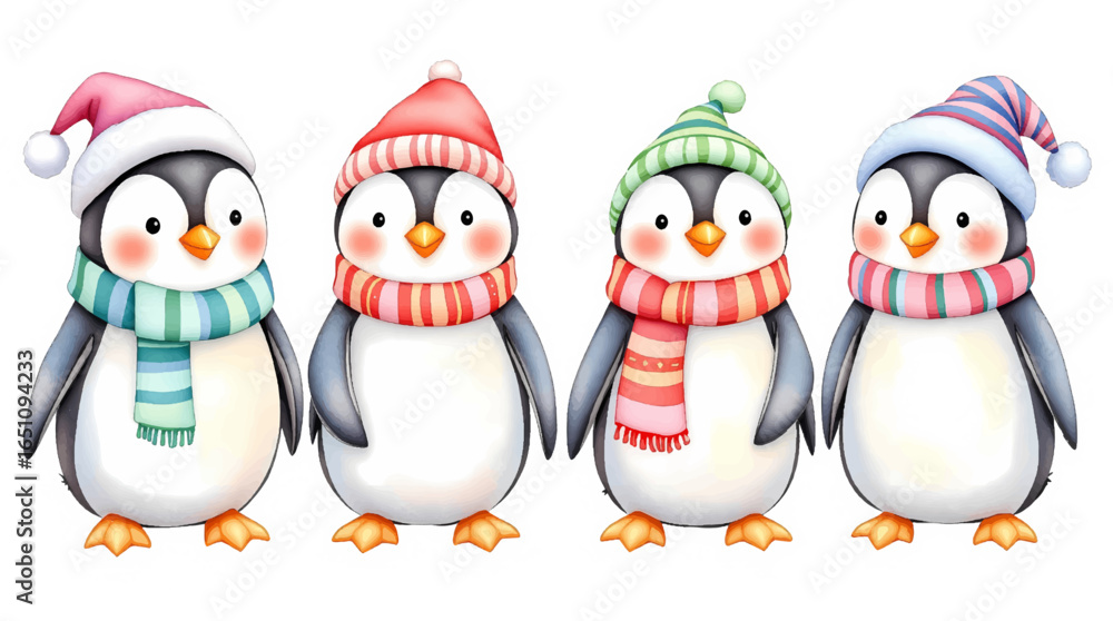 Naklejka premium Vector set of cute funny penguins. Cartoon illustration. Christmas cute penguin characters.